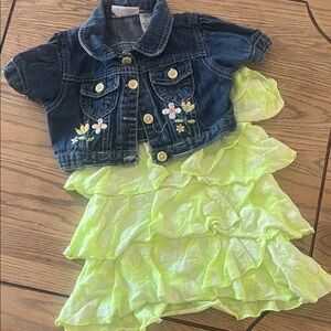 Kids Floral Embroidered Denim Jacket with Neon Green Ruffle Dress